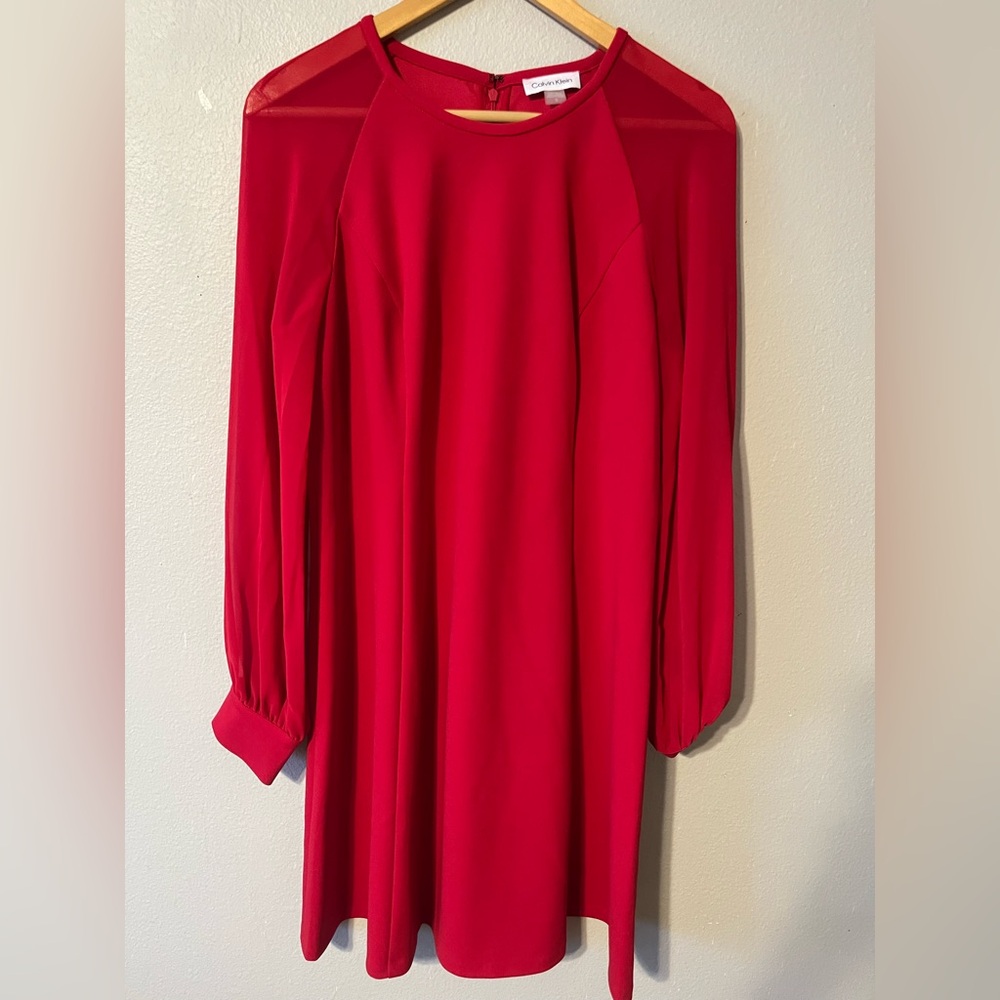 Calvin Klein Women's Red Illusion-Sleeve a-Line Dress Size 12 - Picture 3 of 8